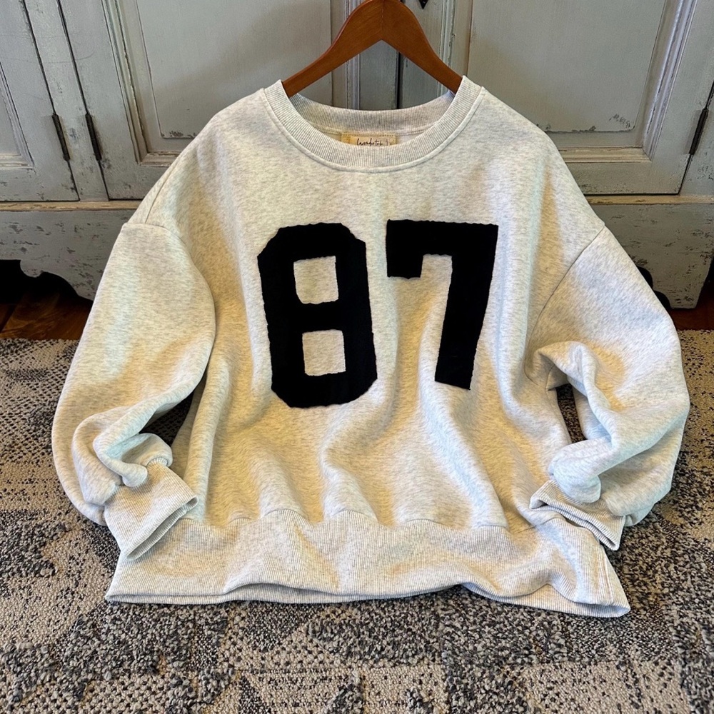 Varsity Letter Cozy Oversized Cozy Grey Sweatshirt Top Sweater - Picture 7 of 8